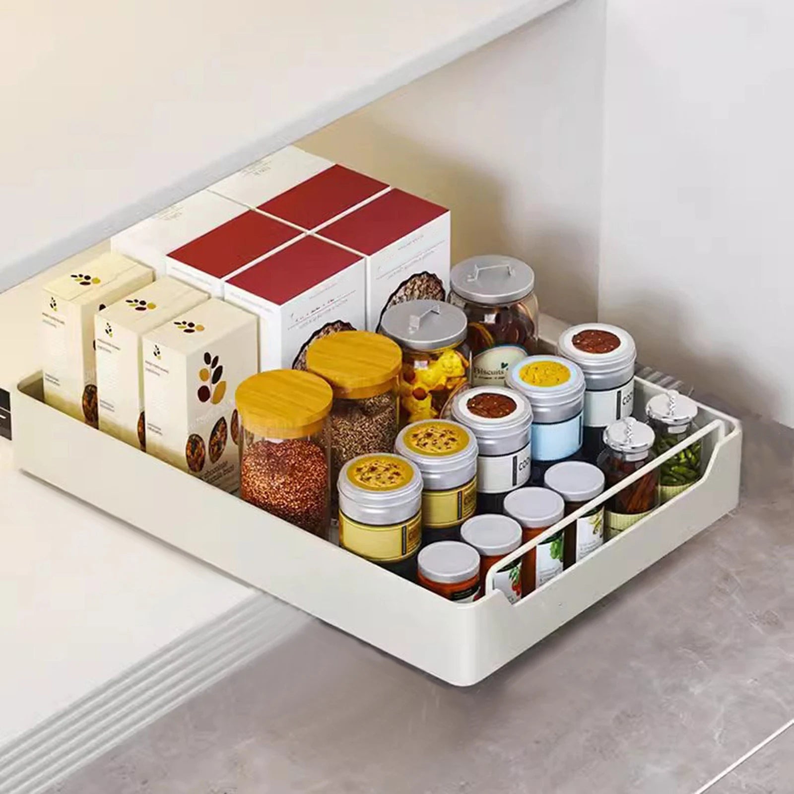 Pull Out Cabinet Organizer Fixed With Adhesive Film, Heavy Duty Sliding Cabinet Storage Drawer for Kitchen Cupboard