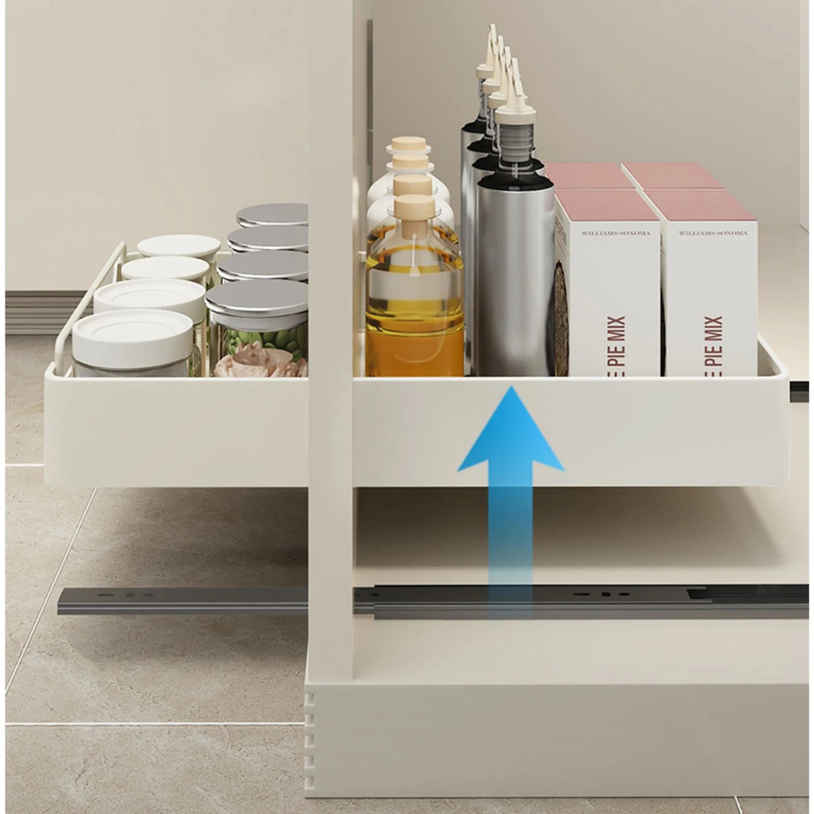 Pull Out Cabinet Organizer Fixed With Adhesive Film, Heavy Duty Sliding Cabinet Storage Drawer for Kitchen Cupboard