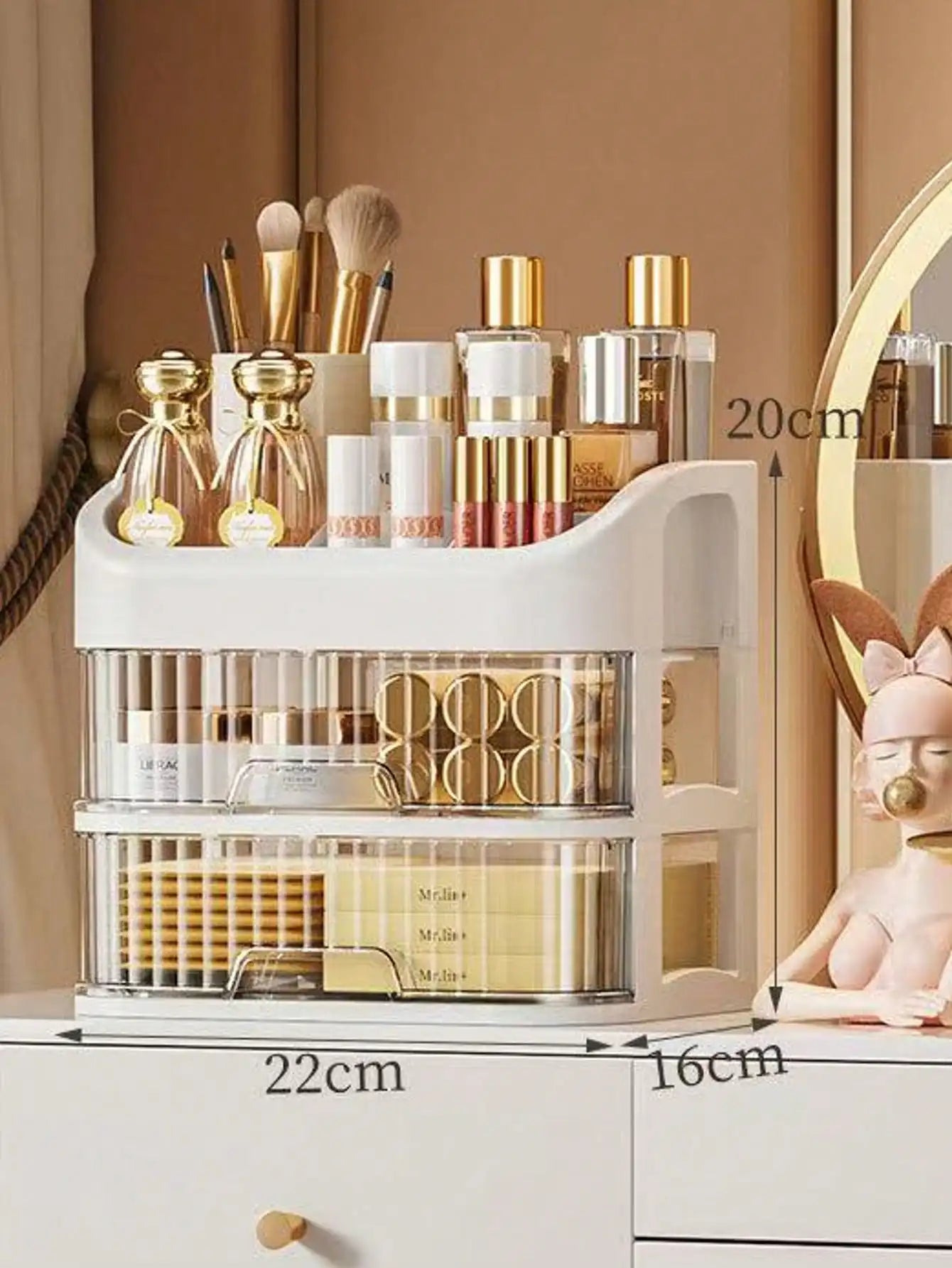 3-5 Tier Dressing Table Organizer. 2 drawers for skincare, makeup, nail polishes—fits vanities/bathrooms/bedrooms.