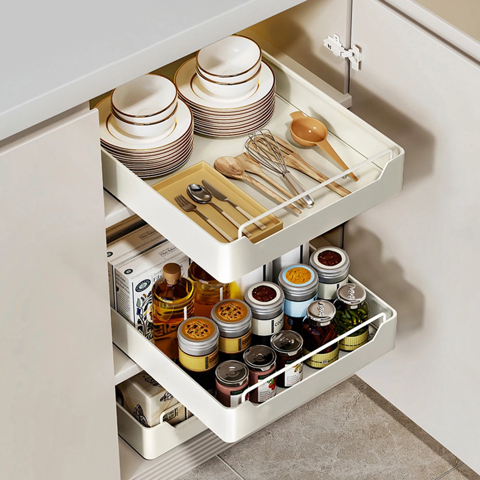 Pull Out Cabinet Organizer Fixed With Adhesive Film, Heavy Duty Sliding Cabinet Storage Drawer for Kitchen Cupboard