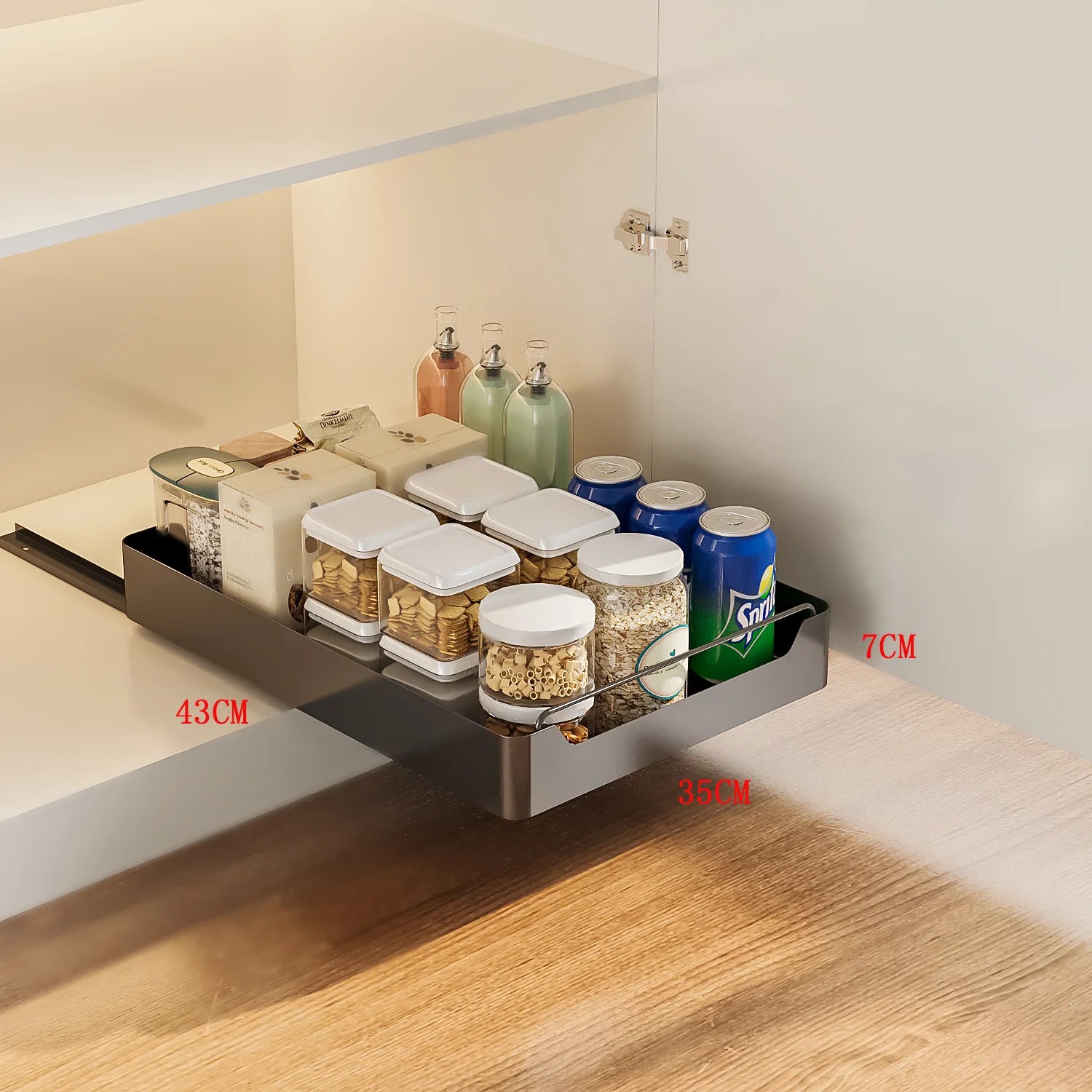 Pull Out Cabinet Organizer Fixed With Adhesive Film, Heavy Duty Sliding Cabinet Storage Drawer for Kitchen Cupboard