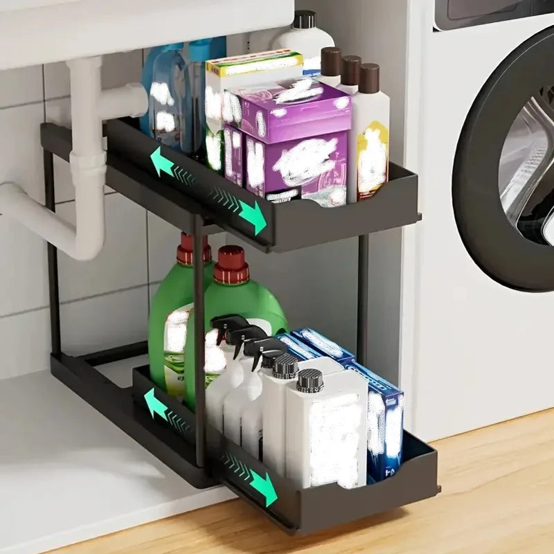 1 Tier Under Sink Organizer Sliding Cabinet Basket Organizer Storage Rack with Hooks Hanging Cup Bathroom Kitchen Organizer