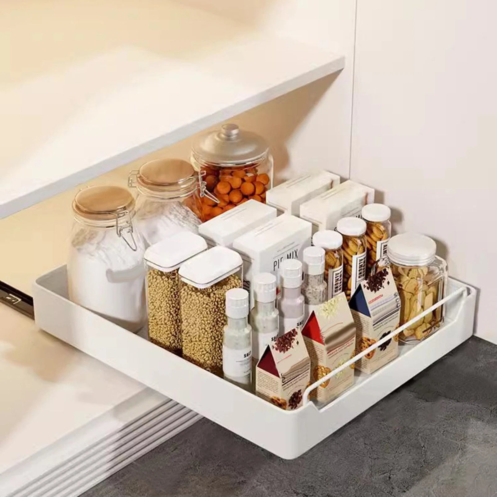 Pull Out Cabinet Organizer Fixed With Adhesive Film, Heavy Duty Sliding Cabinet Storage Drawer for Kitchen Cupboard