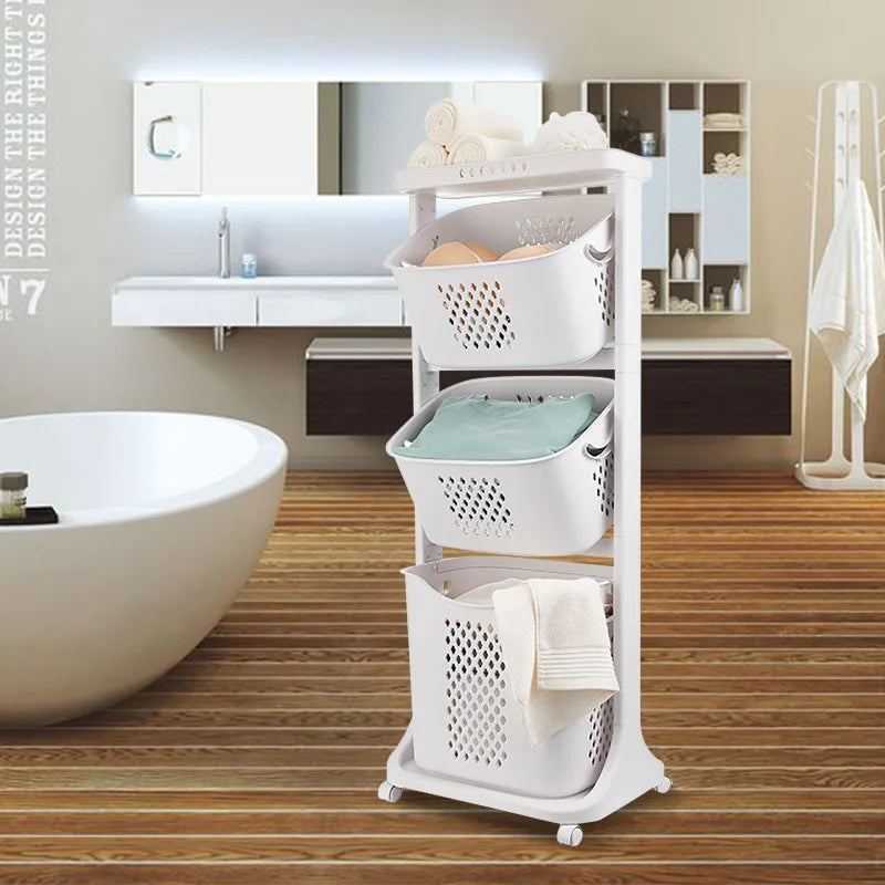 Bathroom Clothes Storage Laundry Hamper Basket Sorter Organizer Shelf Rolling Cart Laundry Modern Minimalist White Baskets