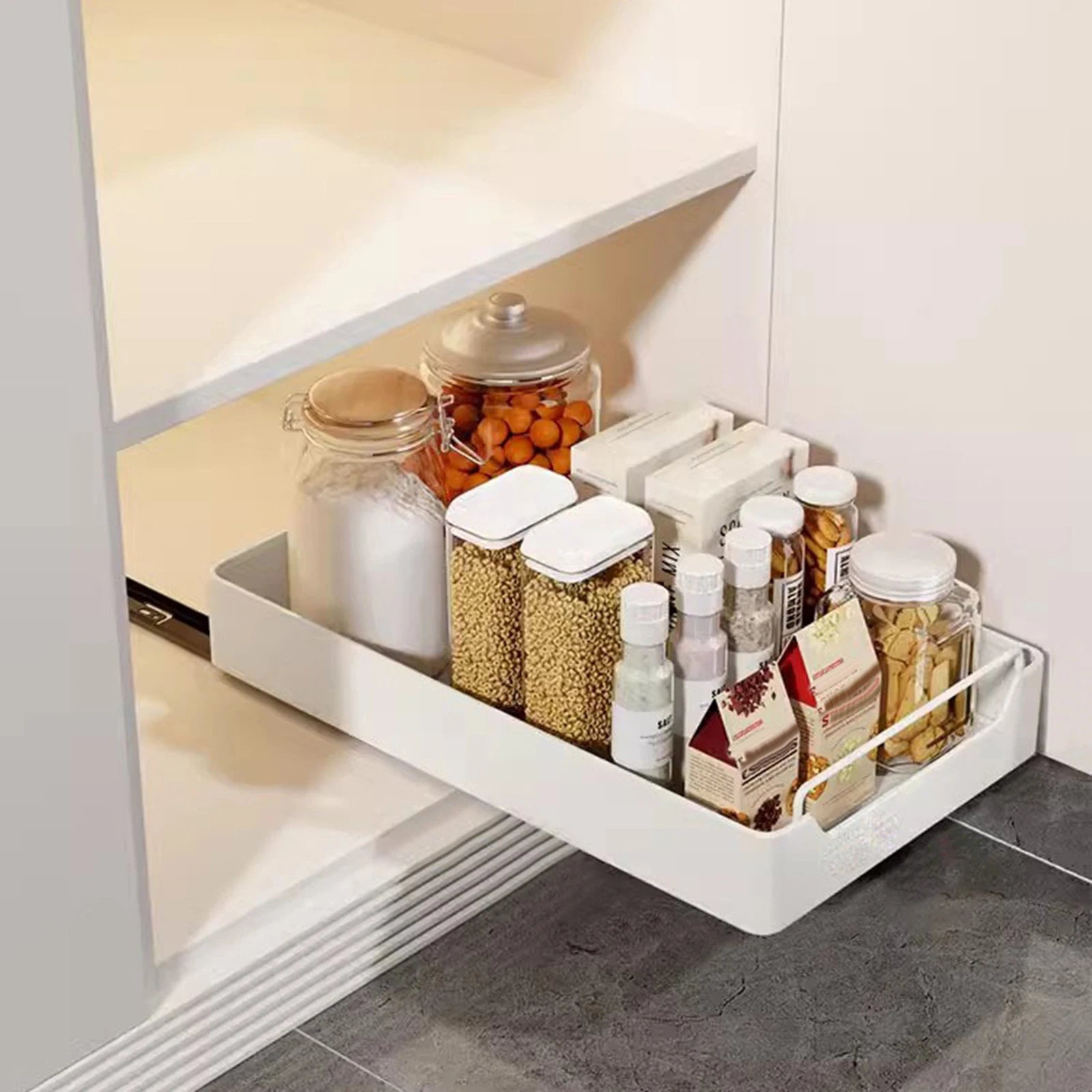 Pull Out Cabinet Organizer Fixed With Adhesive Film, Heavy Duty Sliding Cabinet Storage Drawer for Kitchen Cupboard