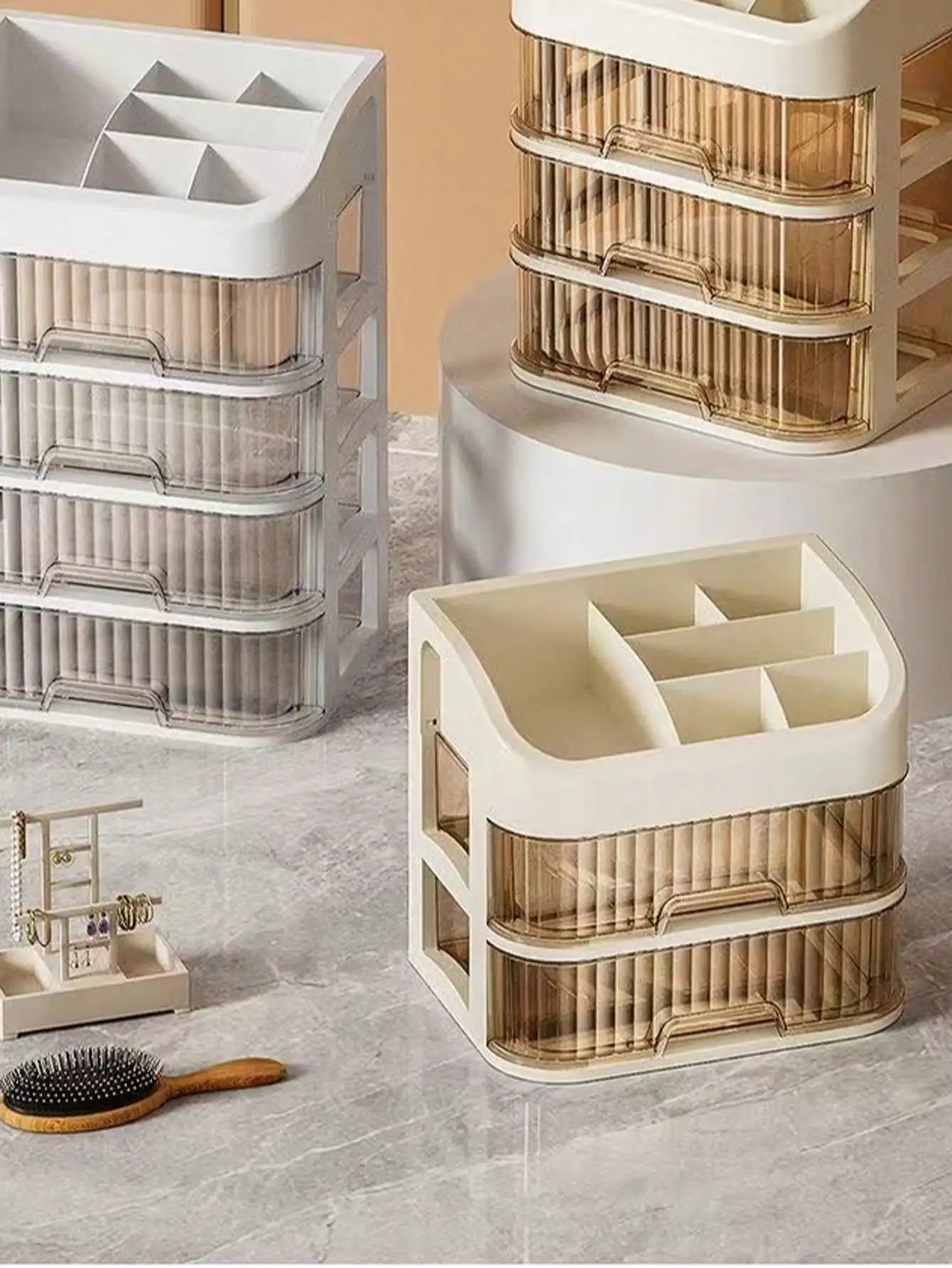 3-5 Tier Dressing Table Organizer. 2 drawers for skincare, makeup, nail polishes—fits vanities/bathrooms/bedrooms.