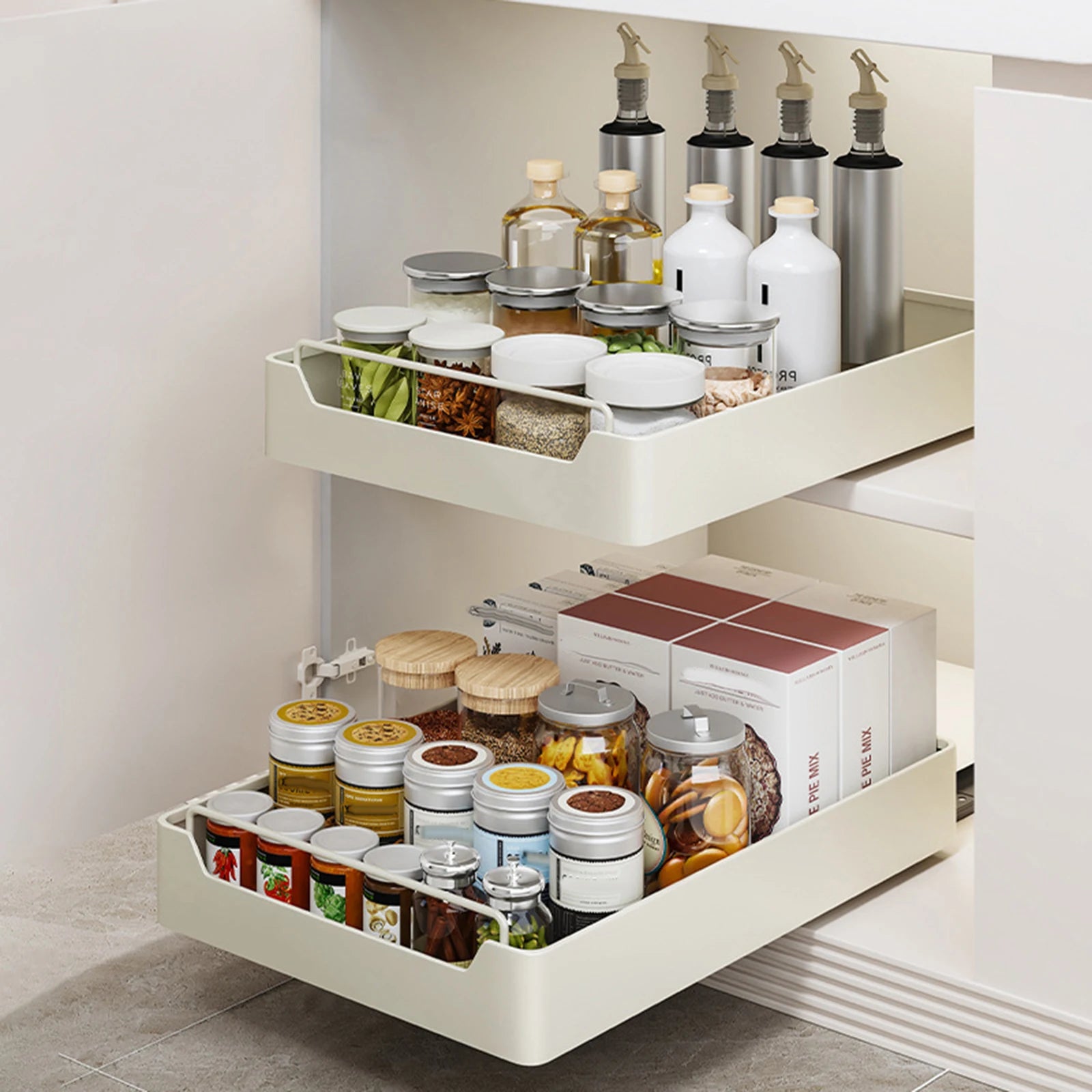 Pull Out Cabinet Organizer Fixed With Adhesive Film, Heavy Duty Sliding Cabinet Storage Drawer for Kitchen Cupboard