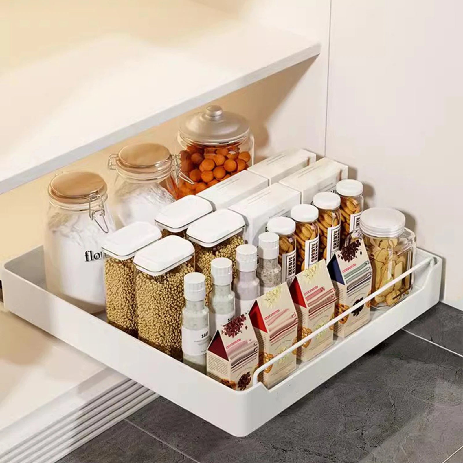 Pull Out Cabinet Organizer Fixed With Adhesive Film, Heavy Duty Sliding Cabinet Storage Drawer for Kitchen Cupboard