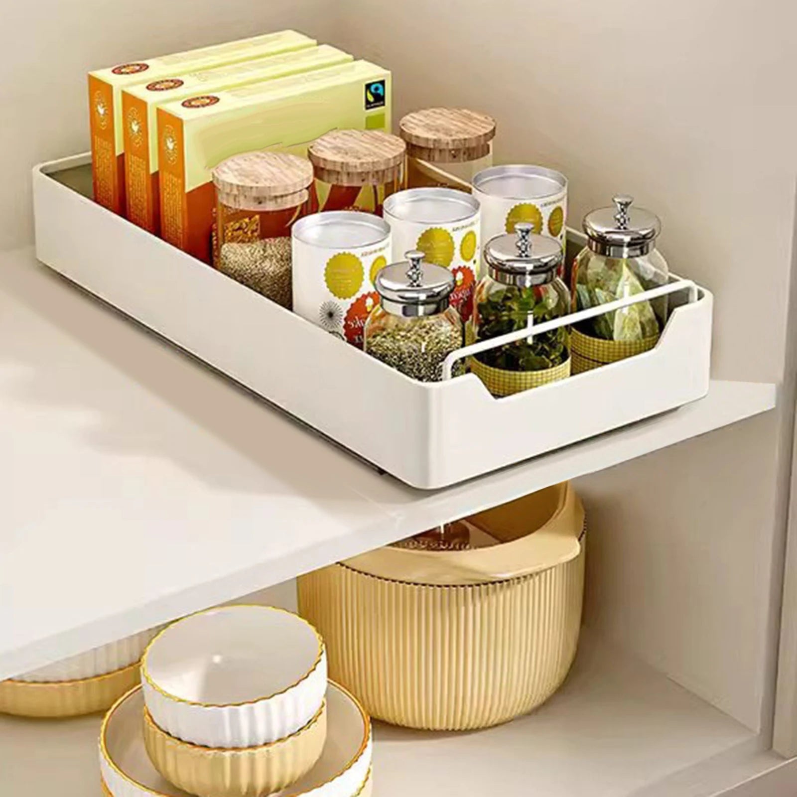 Pull Out Cabinet Organizer Fixed With Adhesive Film, Heavy Duty Sliding Cabinet Storage Drawer for Kitchen Cupboard