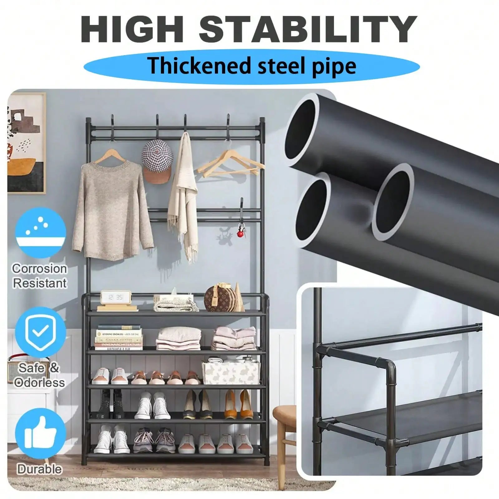 Includes 8 double-hook stainless steel combination racks,suitable for bedrooms, corridors, bathrooms, hat racks, and shoe racks.